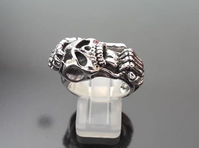 Teschio Anello 925 Argento Sterling Motociclista Punk Rock Goth Scheletro Brutal - Immagine 1 di 4