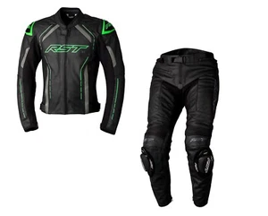 RST S1 Motorbike Sports CE Leather Jacket/Trousers 2PC Black/Grey/Kawasaki Green - Picture 1 of 7