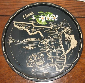 Vintage Florida 10 7/8" rund Distressed Farbe Metall Dose Serviertablett Souvenir - Bild 1 von 7