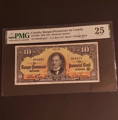 1936 Banque Provinciale du Canada $10 Banknote. ORANGE BACK VERSION. PMG Graded. - Image 1 of 2