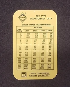 SQUARE D COMPANY POCKET SORGEL DRY TYPE TRANSFORMER DATA CARD - Picture 1 of 3