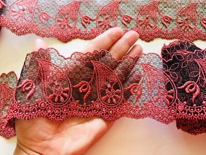 3 Yards Maroon Floral Embroidered Ribbon Lace Trim/Sewing/Crafts/Bridal/3" Wide - Picture 1 of 12