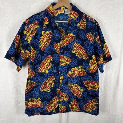 Hawaiian Tropic Hawaiian Polyester Button Up Shirt Blue Yellow Red Size Medium - Image 1 of 4