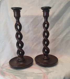 VINTAGE CARVED WOOD BARLEY TWIST CANDLESTICKS PAIR ~ 12” - Picture 1 of 2