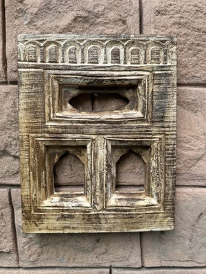 Antiguo marco colgante de pared de madera tallado a mano templo diseño de 3 arcos vintage Foto 1 de 4