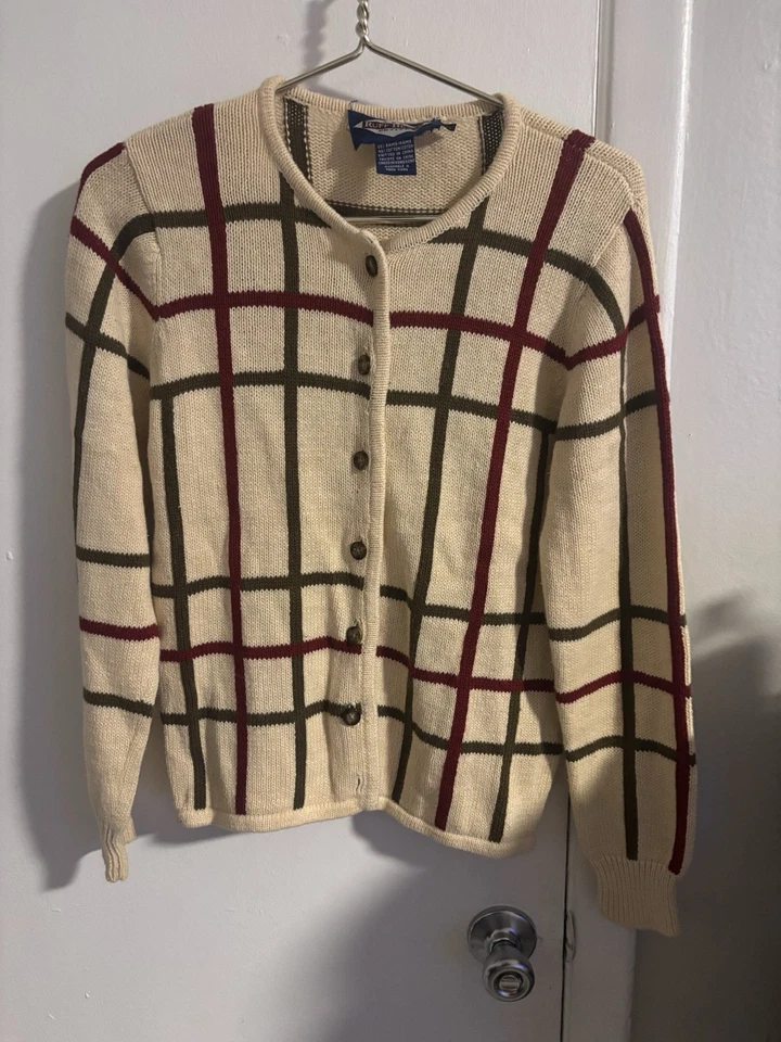 Ruff Hewn Cream Plaid Button Front Cardigan Women’s Petite P Red Green Sweater - Image 1 of 4