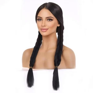 FVCENT Black 26 Inch Long Pigtail Wig center part adult woman costume movie star - Picture 1 of 16