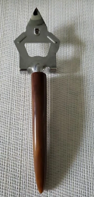 Abridor de latas/botellas/frasco/tapas vintage ~ cromo con mango de baquelita remolino marrón EE. UU. Foto 1 de 4