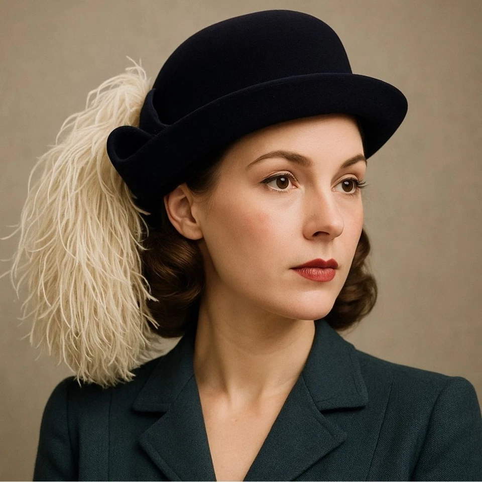 Vintage Gage Brothers Navy Wool Hat Ostrich Feather Trim 1940s 1950s Chicago NY - Image 1 of 4