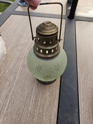 Vintage Frosted Green Glass Brass Hanging Candle Lantern With Etched Stars - Image 1 of 3