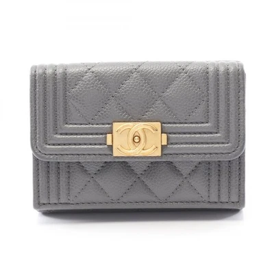 CHANEL Boy chanel Tri-fold compact wallet purse Calfskin Gray Used GHW - Image 1 of 4