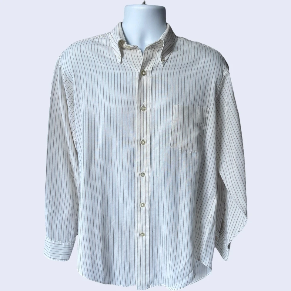 Van Heusen 417 Vanopress Striped Button-Down Shirt Ivory/Brown L/S Vintage - Image 1 of 4