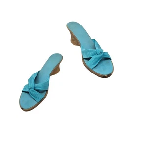 Vintage vegane handgefertigte italienische Keilsandalen Größe 10 aquamarin geknotet offene Zehenpartie Resort - Bild 1 von 11