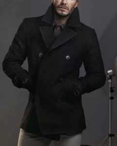 MENS CLASSIC DOUBLE BREASTED VINTAGE NAVY MARINE PEA BLACK WOOL COAT - Picture 1 of 2