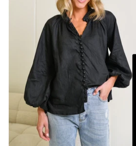 Womens Lunar Fox Black Linen puff sleeve blouse size 16 - Picture 1 of 7
