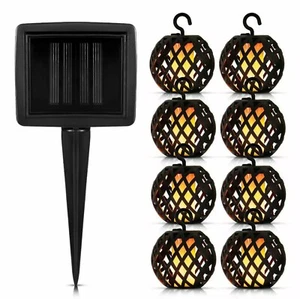 8PC SOLAR RATTAN BALL FLAME EFFECT LED STRING HANGING LIGHT GARDEN LANTERN PATIO - Picture 1 of 7