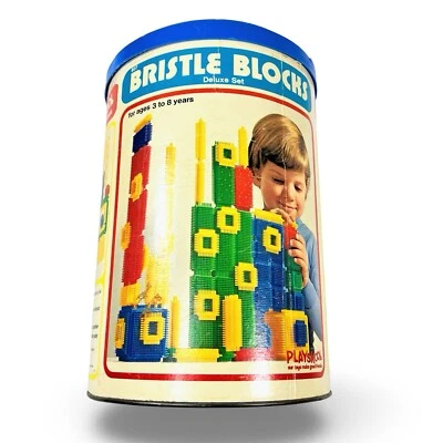 Vintage Playskool Bristle Blocks Deluxe Set 1976 Tin OEM Container VG - Image 1 of 3