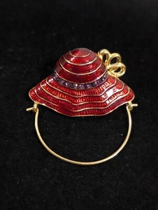 Vintage Red Enamel Hat Purple Rhinestone Gold Tone Brooch Charm Holder - Picture 1 of 9