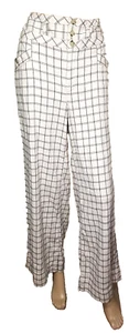 Anthropologie Womens Pants 8 Ivory Black Windowpane Linen Wide Leg Trouser T50 - Picture 1 of 7