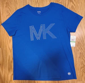 New!! MICHAEL KORS Embellished 'MK' Silver Sequined Grecian Blue Womens Top Sz L - Picture 1 of 5