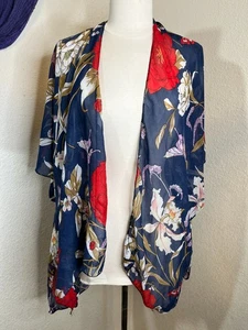 Karma Navy Floral Kimono Cardigan M Sheer Open Front Lightweight Boho Layer - Picture 1 of 3