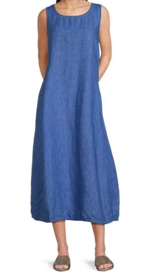 VESTIDO LINTERNA EILEEN FISHER 100% LINO ORGÁNICO DELAVE AZUL ULTRAMARINO TALLA L Foto 1 de 4