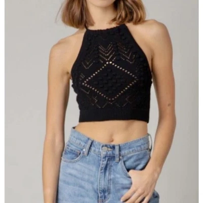 Hunter & Brown Halter Crop Top S Black Crochet Knit Backless Adjustable Tie-Back - Image 1 of 4