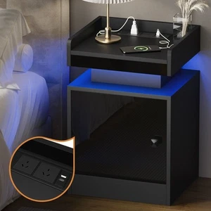 Oikiture Bedside Table LED Nightstand USB Charging Station Side Table Black - Picture 1 of 10