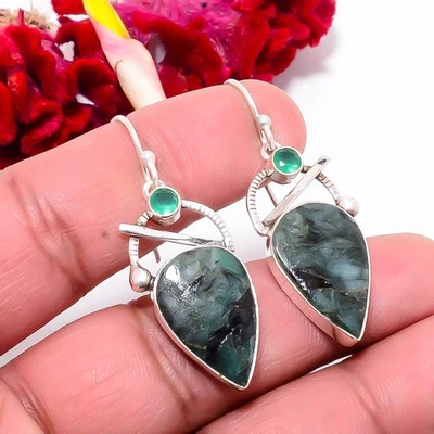 Emerald Simulated, Green Onyx 925 Sterling Silver Earring 1.76 Sk24, Christmas - Image 1 of 4