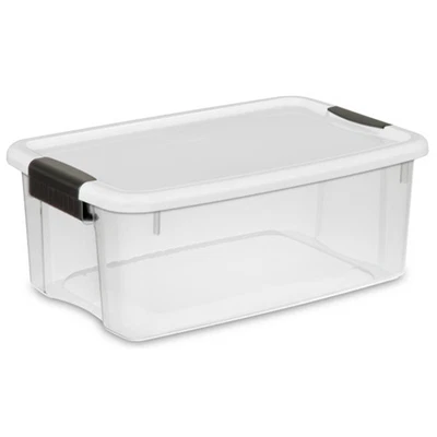 Cubo de almacenamiento apilable de plástico transparente Sterilite de 18 cuartos con tapa de pestillo blanco, paquete de 24 Foto 1 de 4