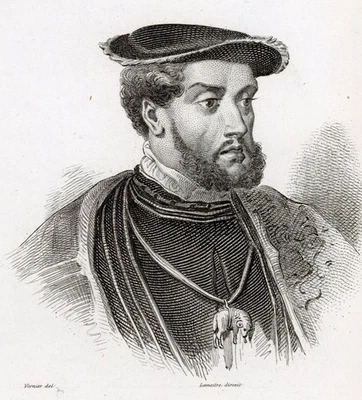 Karl V., dt. König und Kaiser Porträt Orig. Stahlstich 1838, ca 9 x 9 cm + Rand - Bild 1 von 2