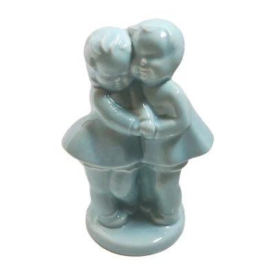 Vintage Shawnee Pottery Planter Vase Blue Boy and Girl 8" Hugging By Carved Tree - Image 1 of 4
