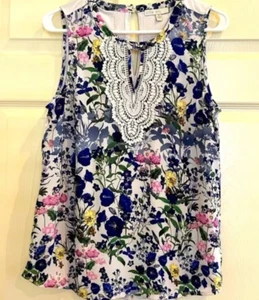 Pale Sky Tank Top Womens Medium Blue White Floral Quin Lace Crochet Blouse - Picture 1 of 4