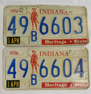 Indiana License Plates 1976 Minuteman Heritage State 49B6603 49B6604 Sequential - Picture 1 of 3