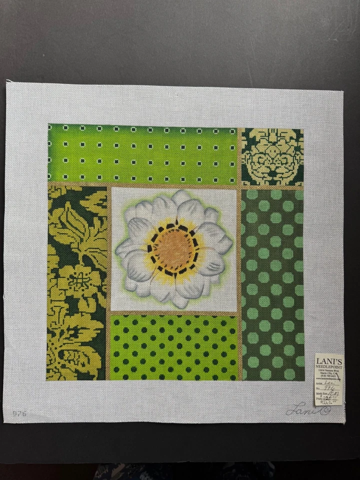 LANI White Flower on Greens Collage Hand Painted hp Needlepoint Canvas - Image 1 of 1
