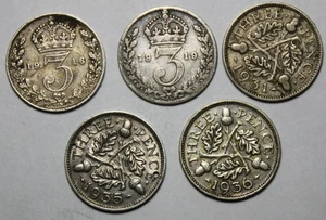 Great Britain 1916, 1919, 1931, 1935 (Holed) & 1936 Silver Three Pence Lot Of 5 - Picture 1 of 2