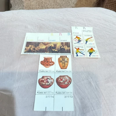 US Stamps 13 cent 3 Blocks of 4 Olympics, Pueblo Art, 1776, Unhinged Great Cond - Image 1 of 4