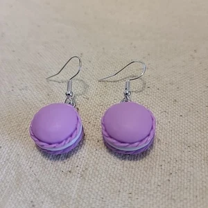 Handcrafted Purple Macaron Dangle Earrings NEW Fashion Edible Lobe Area .5" - Picture 1 of 4