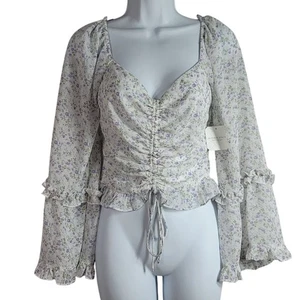 Altar'd State Floral Top Purple Small Ruffle Balloon Bell Sleeve Adj Lined NWT - Picture 1 of 11
