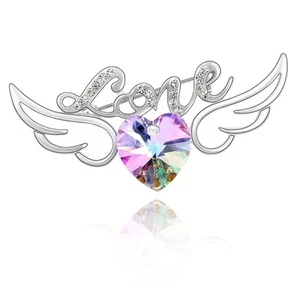 18K White Gold Plated Made With Swarovski Crystal Word "Love" Angel Wing Brooch - Picture 1 of 2