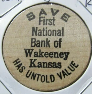Vintage First National Bank of Wakeeney, KS Wooden Nickel - Token Kansas  - Picture 1 of 2