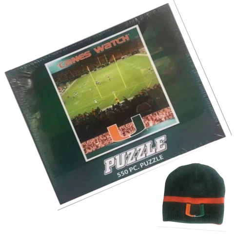 NCAA Miami U Lot ‘Canes Watch New 550 Piece Puzzle & Pre-owned Beanie Hurricanes Cover
