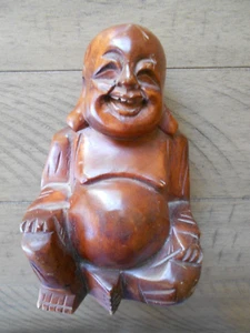 Vintage Happy Smiling Buddha Hand-Carved Solid Wood figurine 6" tall - Picture 1 of 9