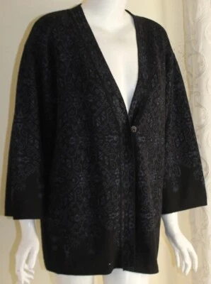 Peruvian Connection Sz XS Baby Alpaca Wool Silk Blue Black Trellis Art Cardigan - Image 1 of 4