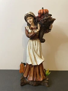 VTG Resin Pioneer Lady Figurine Standing Holding Harvest Basket pumpkin 14” Fall - Picture 1 of 6