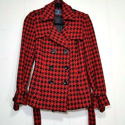 Forever 21 Pata de Gallo Guisante Abrigo Chaqueta Negro Rojo Talla S Cintura Corbata con Defecto Foto 1 de 4