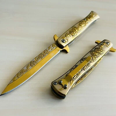 9” Gold Ross Knife Tactical Spring Assisted Open Blade Folding Pocket Knife - Image 1 of 4