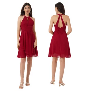 Mujeres Vestido Halter Cuello Midi Boda Cóctel Fiesta Dobladillo Asimétrico Vestidos - Imagen 1 de 23