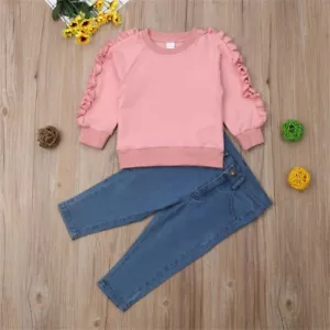 2PCS Toddler Baby Girl Clothes Girl Tops Outfit Denim Jeans Pants Set Clothes - Picture 1 of 6