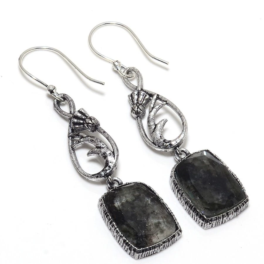 Black Rutilated Quartz Gemstone Silver Plated Earrings Jewelry 2.5" Gift for Her - Image 1 of 1